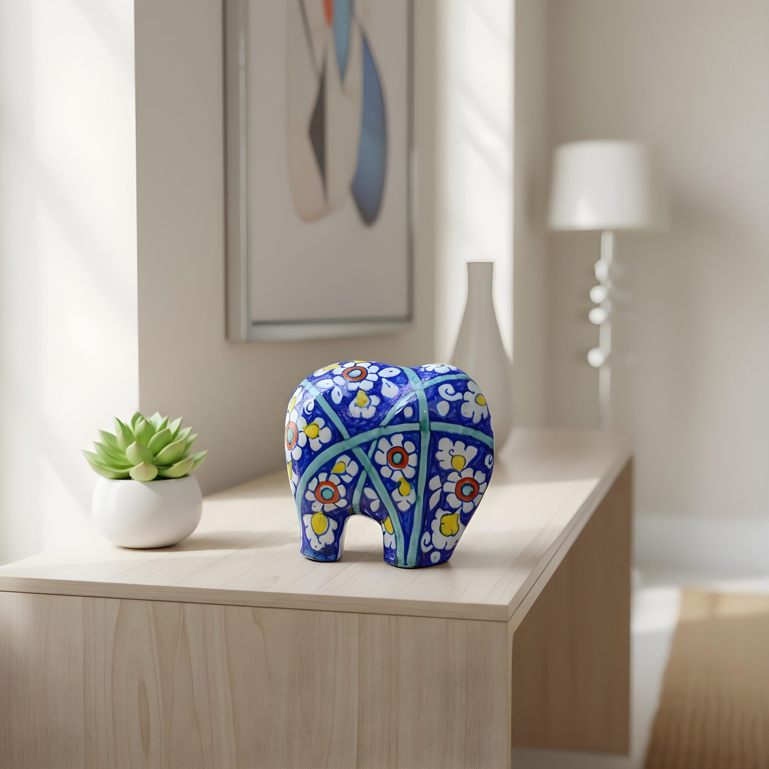 Hand Painted Ceramic Blue Floral Elephant Statue HP-1059 - Image 3