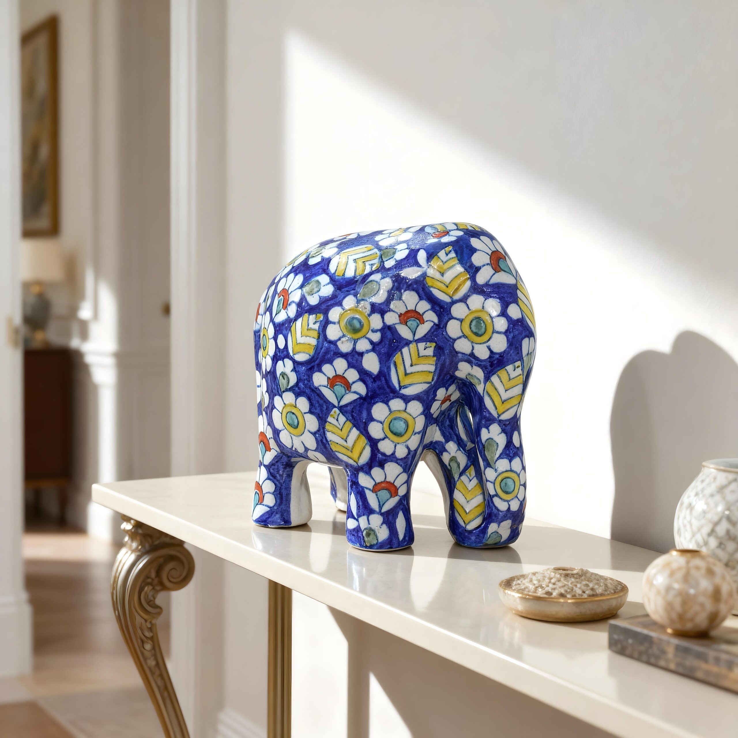 Hand Painted Ceramic Blue Floral Elephant Statue HP-1057 - Image 2