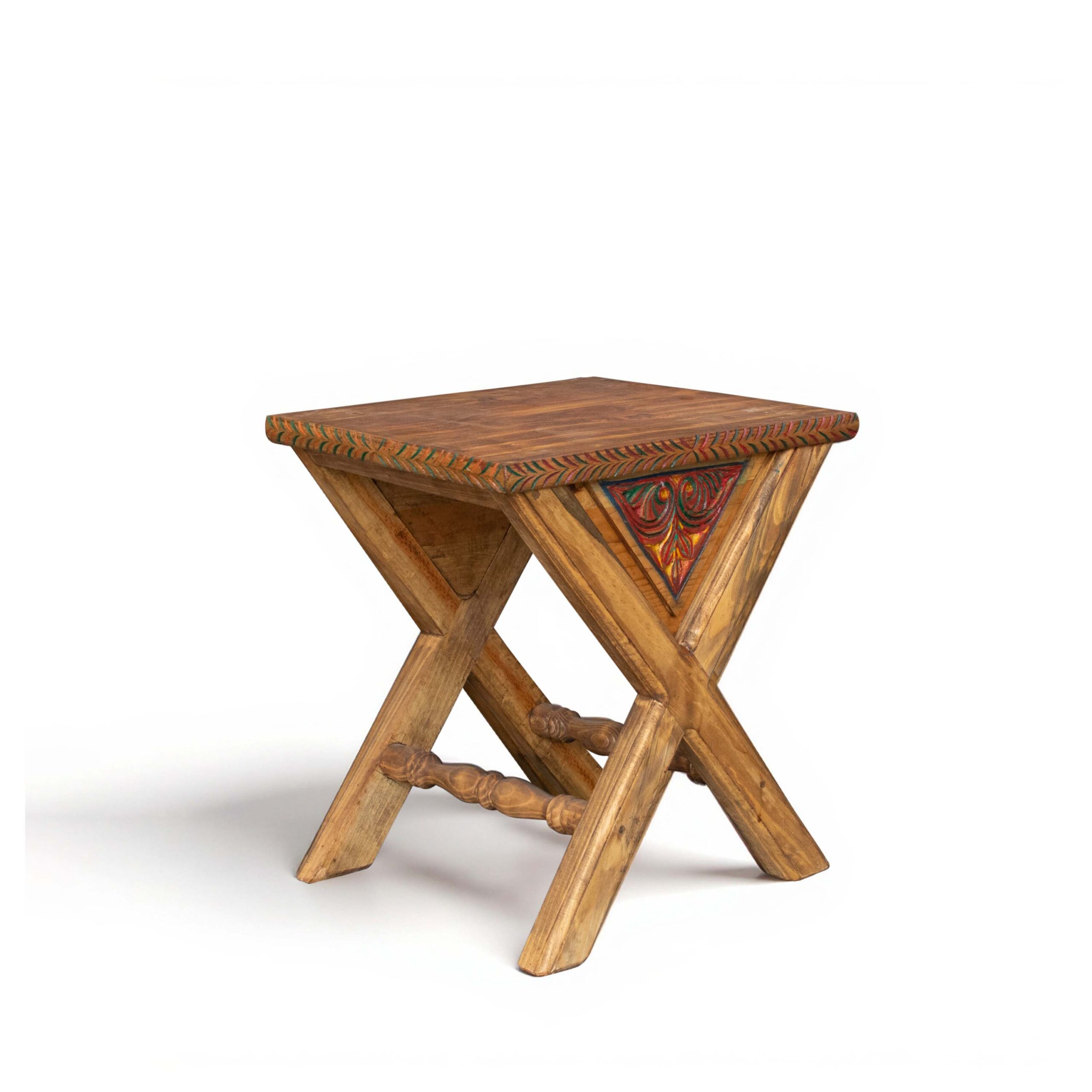 Hand-Carved Wooden X-Frame Side Table XT-1023