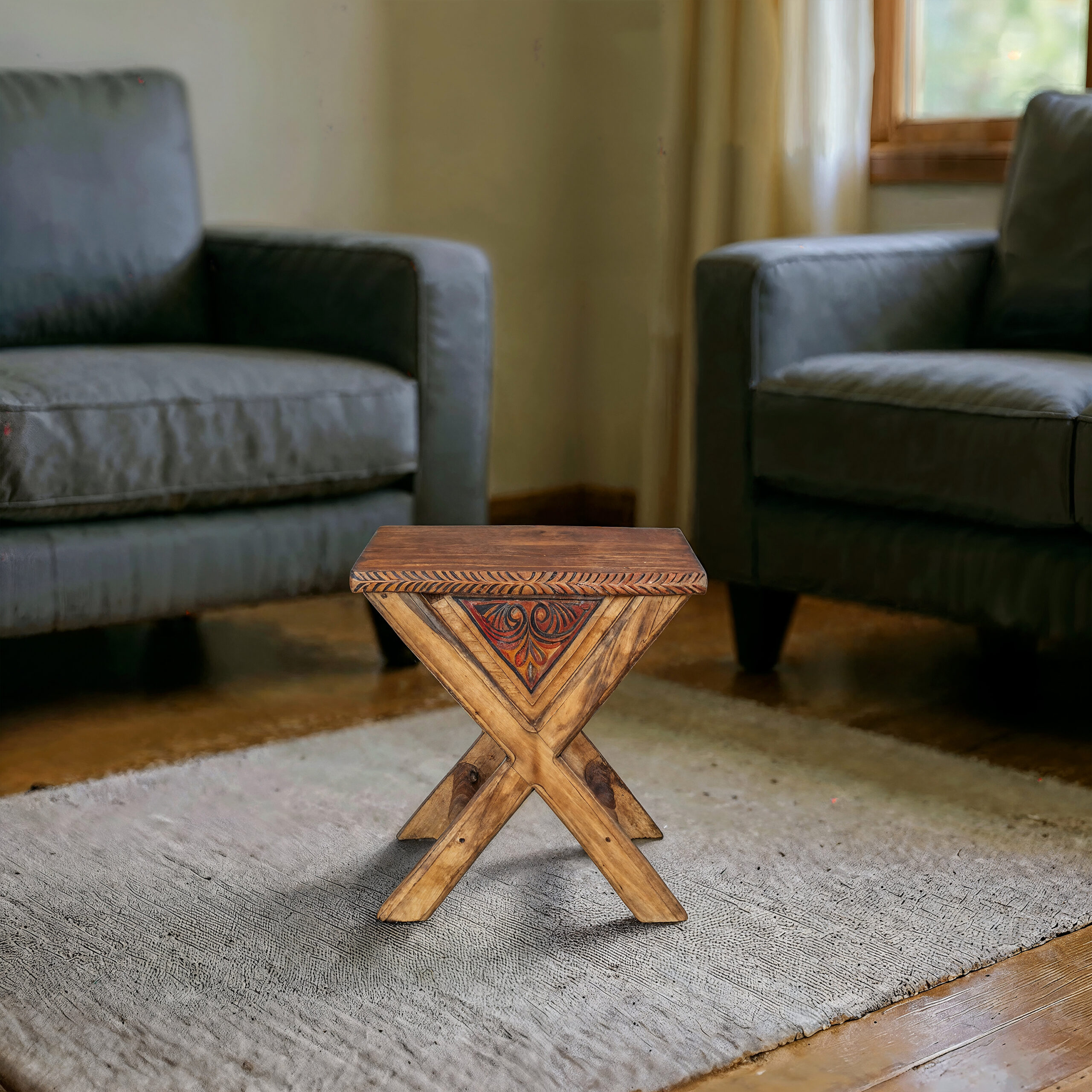 Hand-Carved Wooden X-Frame Side Table XT-1023 - Image 4