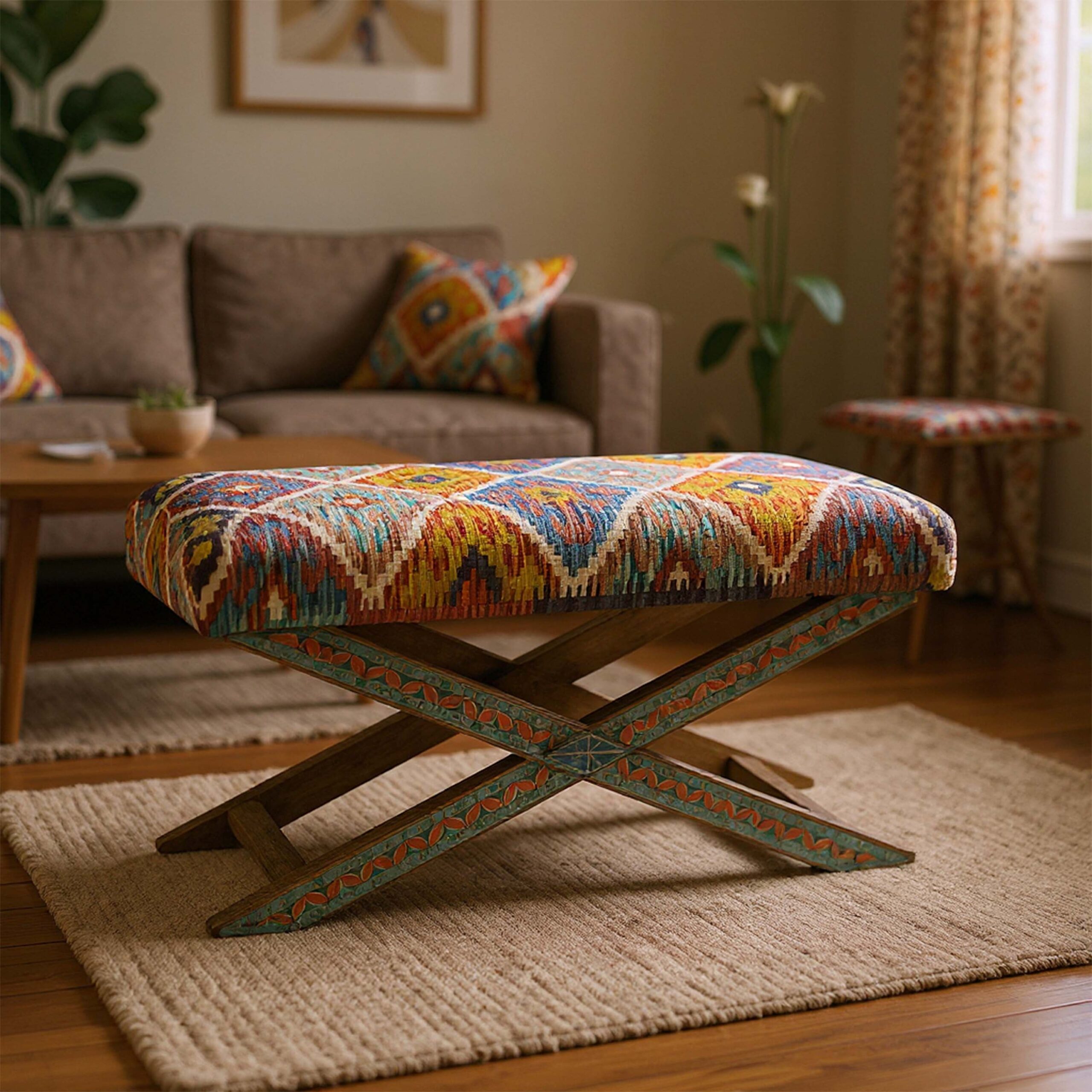 Handmade Kilim Upholstered Bench with Painted Base XT-1025 - Image 4